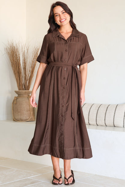 Miranda Midi Dress - Contrast Stitching Shirt Dress with Matching Waist Tie in Chocolate