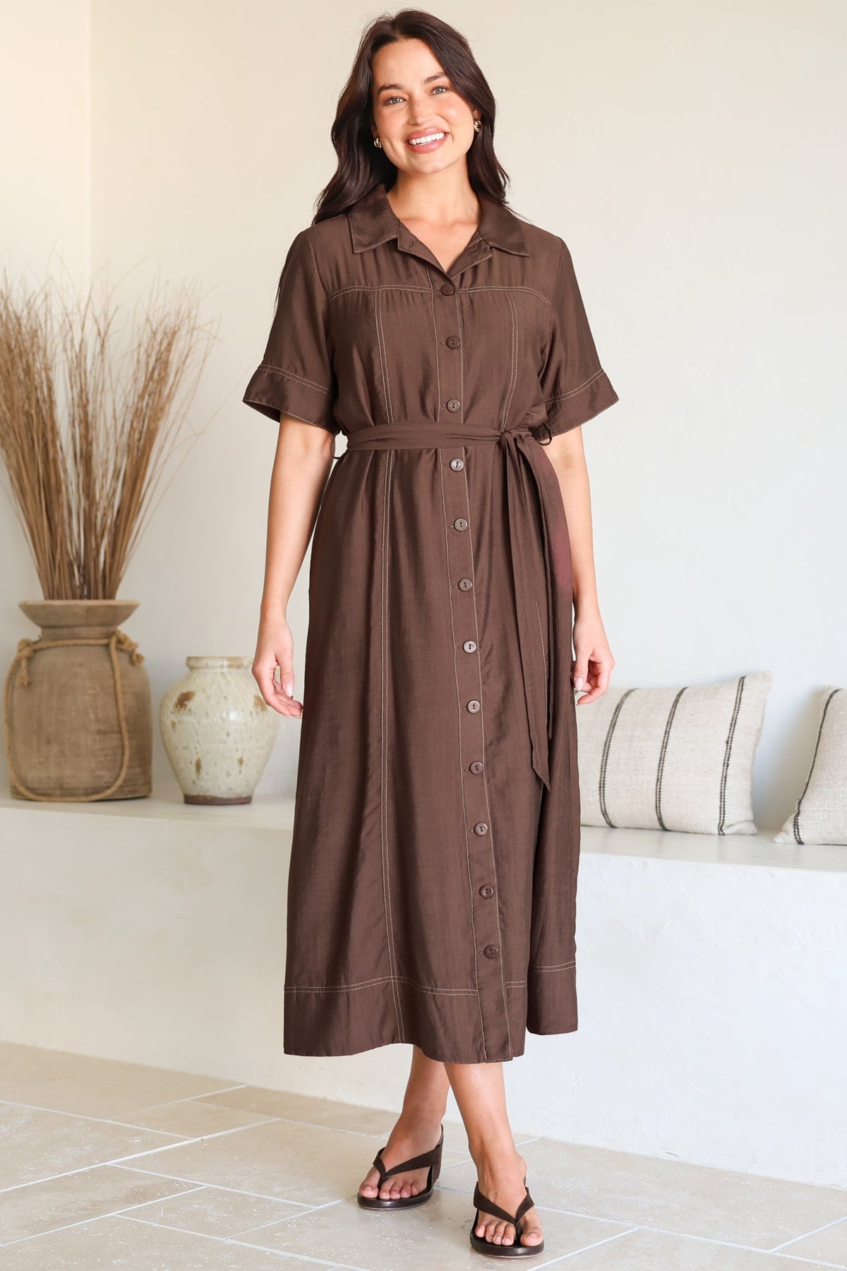 Miranda Midi Dress - Contrast Stitching Shirt Dress with Matching Waist Tie in Chocolate