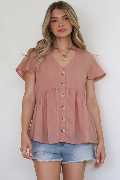 Mitzy Top - Textured Button Down Top with Cap Sleeves in Blush