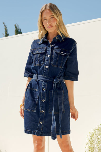 Monaco Denim Mini Dress - Collared Shirt Dress with Waist Tie in Dark Denim