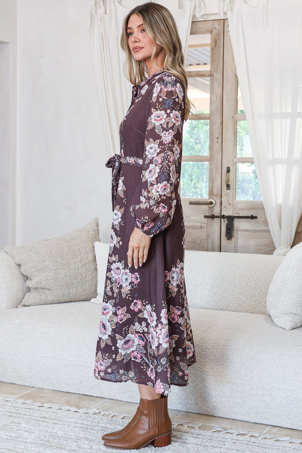 Moreana Midi Dress - Mandarin Collar Button Down Long Sleeves with Belt in Fontana Print Brown