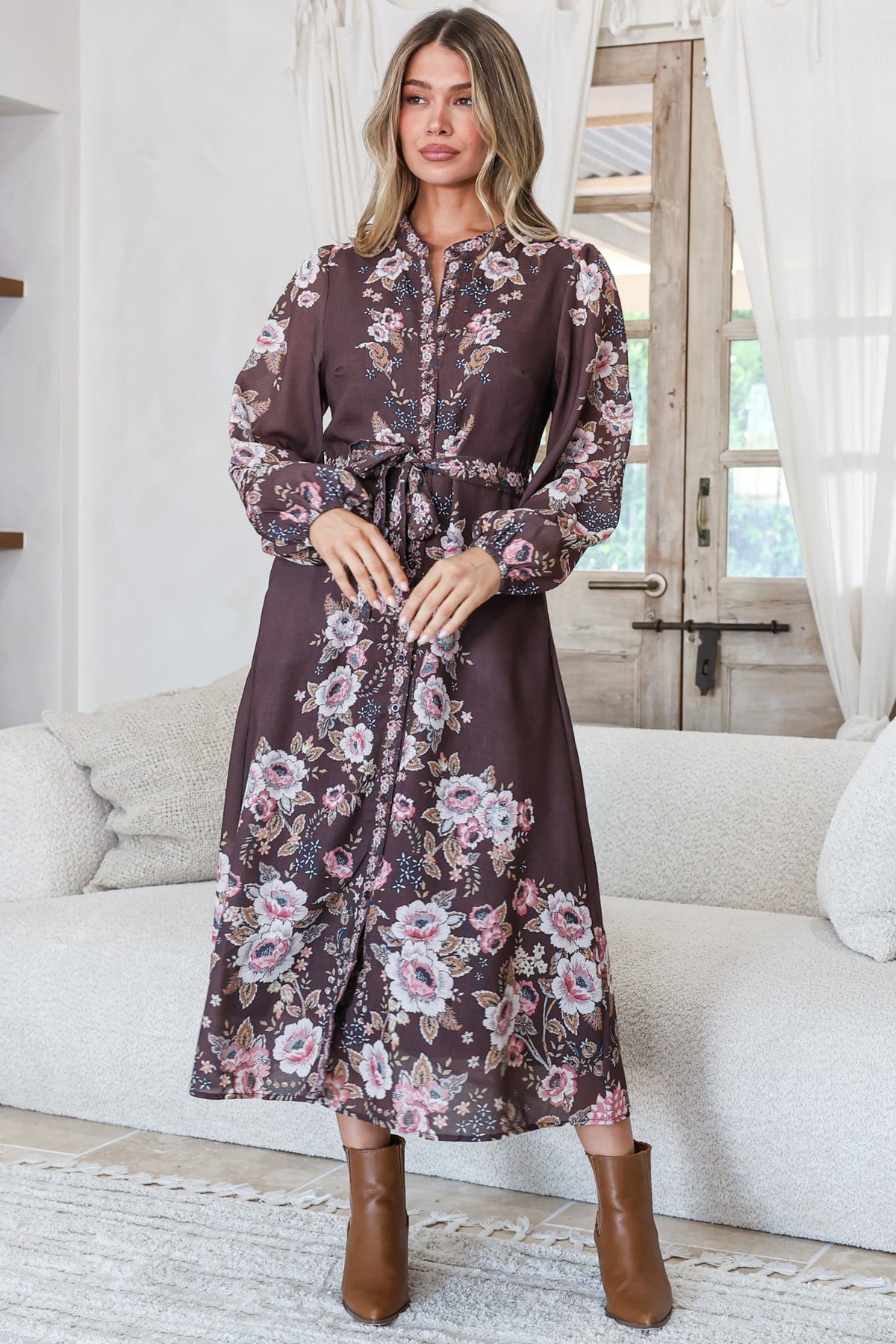 Moreana Midi Dress - Mandarin Collar Button Down Long Sleeves with Belt in Fontana Print Brown