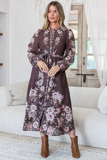 Moreana Midi Dress - Mandarin Collar Button Down Long Sleeves with Belt in Fontana Print Brown