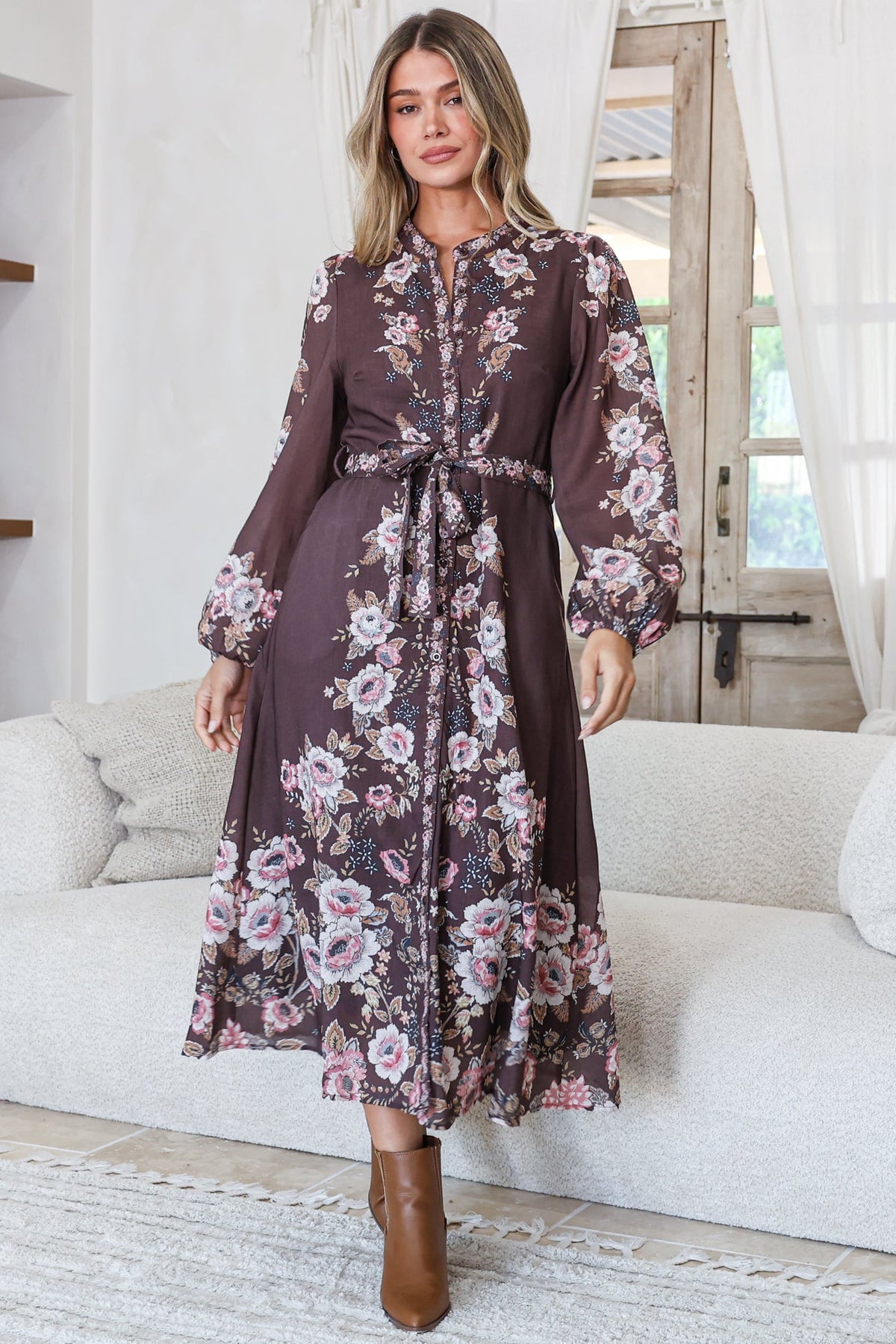Moreana Midi Dress - Mandarin Collar Button Down Long Sleeves with Belt in Fontana Print Brown