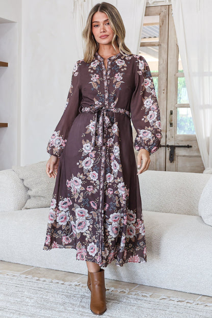 Moreana Midi Dress - Mandarin Collar Button Down Long Sleeves with Belt in Fontana Print Brown