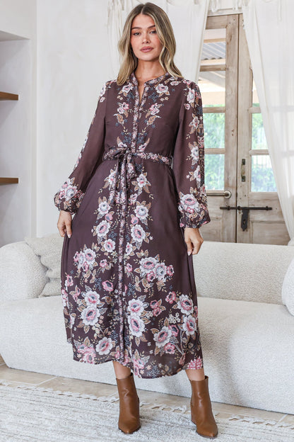 Moreana Midi Dress - Mandarin Collar Button Down Long Sleeves with Belt in Fontana Print Brown