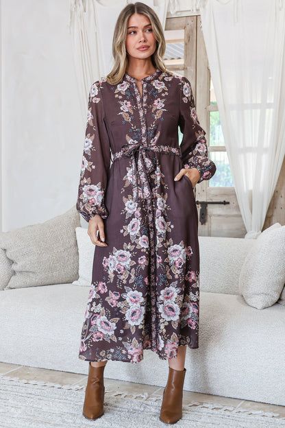 Moreana Midi Dress - Mandarin Collar Button Down Long Sleeves with Belt in Fontana Print Brown