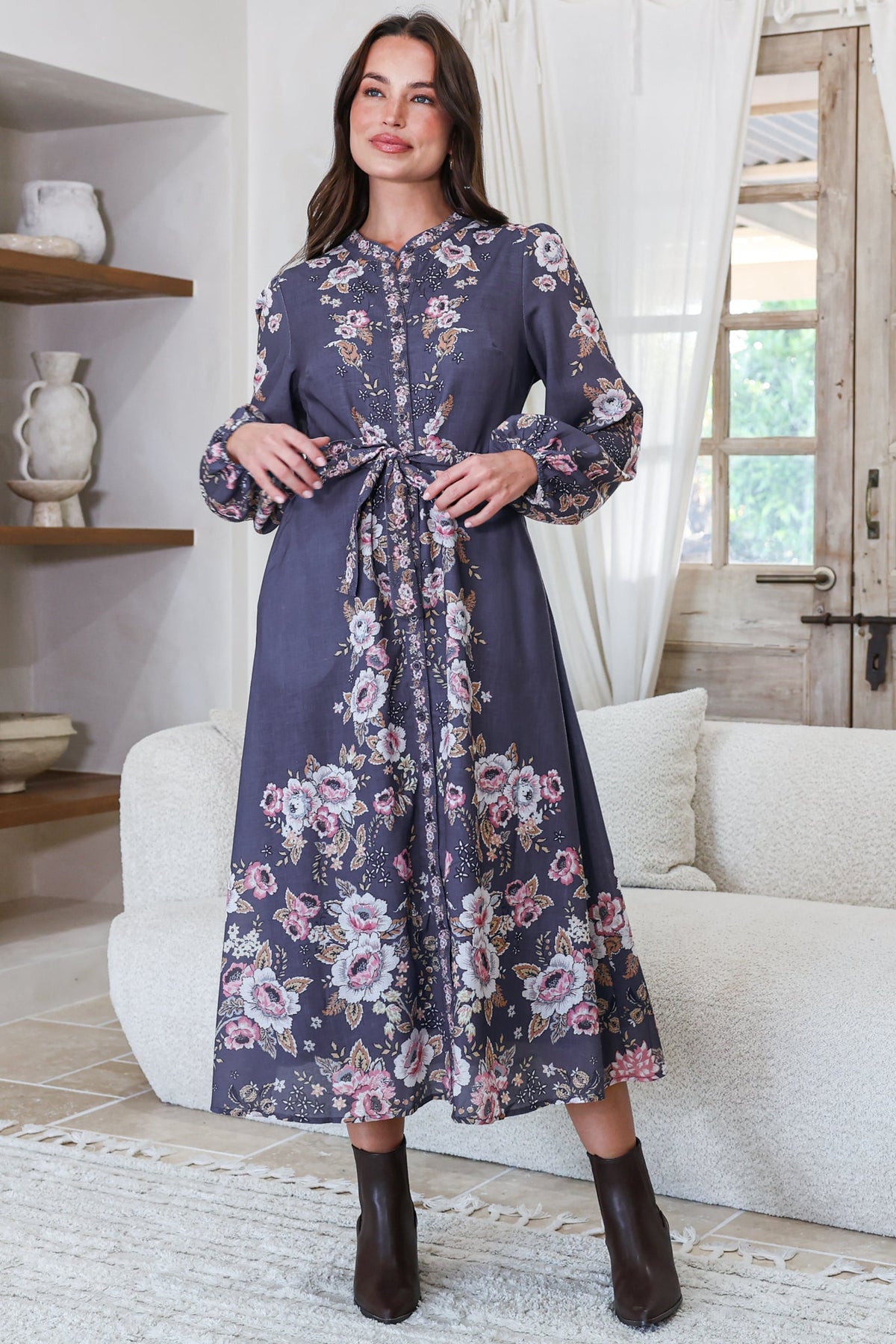 Moreana Midi Dress - Mandarin Collar Button Down Long Sleeve Dress with Belt in Fontana Print Grey