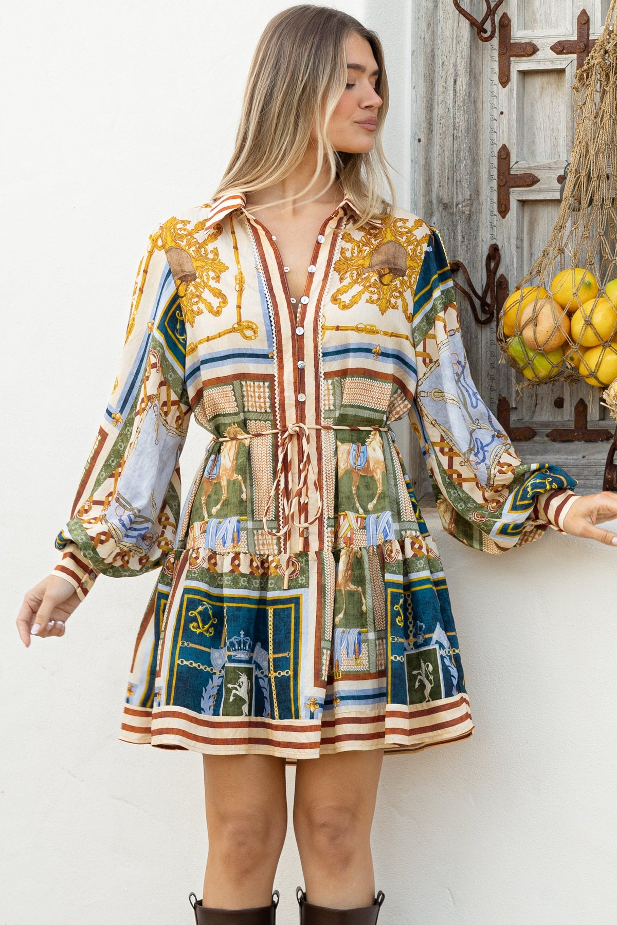 Morso Mini Dress - Wing Collar Front Button Placket Tiered Hem with Balloon Sleeves and String Belt in Regalia Print