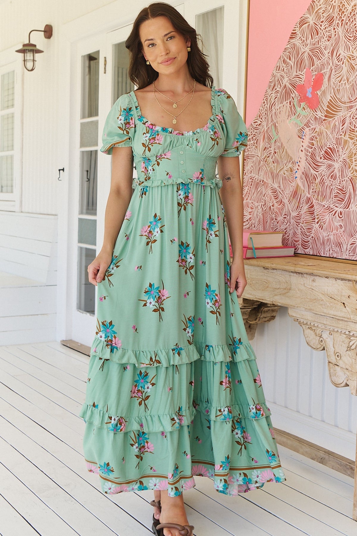 JAASE - Moyo Midi Dress: A-Line Dress with Frill Splicing and Milkmaid Neckline in Maribel Print