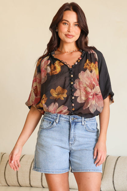 Natalia Blouse - Button Down Mandarin Collar Shirt in Balena Print Black