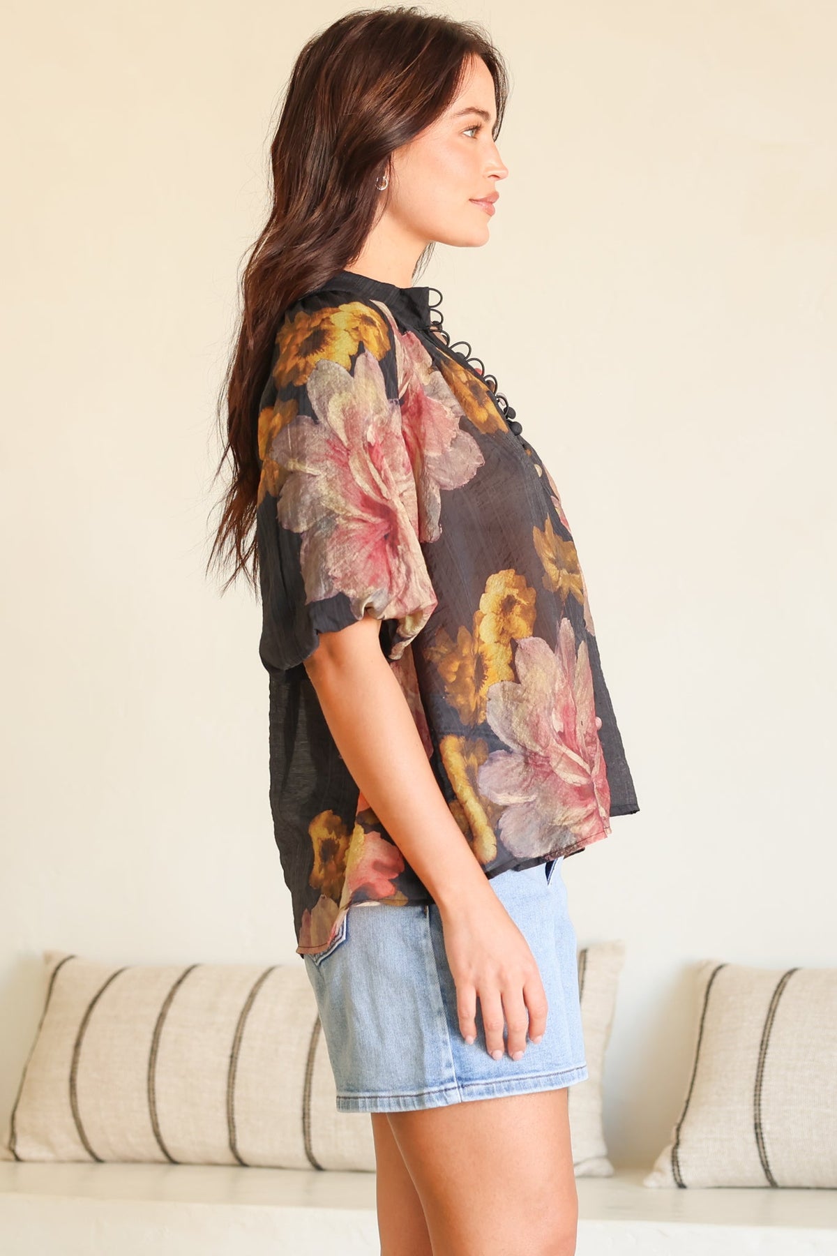 Natalia Blouse - Button Down Mandarin Collar Shirt in Balena Print Black