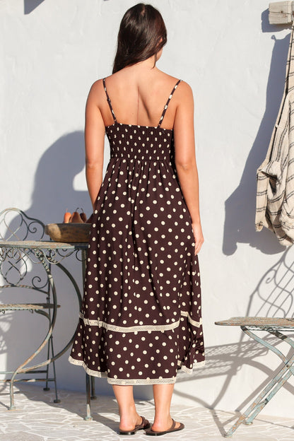 Novalie Midi Dress - Spaghetti Strap Sun Dress with Lace Splicing and Pockets in Polka Chocolate