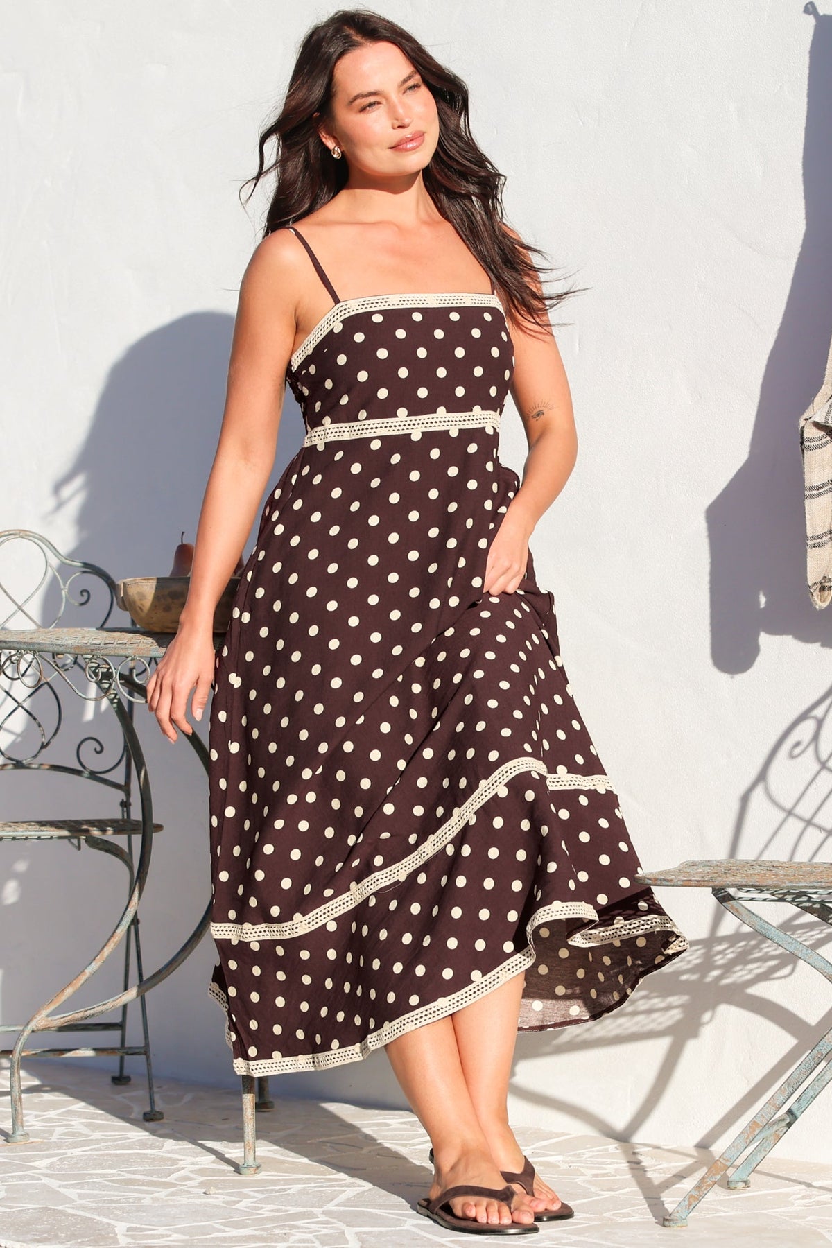 Novalie Midi Dress - Spaghetti Strap Sun Dress with Lace Splicing and Pockets in Polka Chocolate