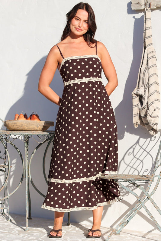 Novalie Midi Dress - Spaghetti Strap Sun Dress with Lace Splicing and Pockets in Polka Chocolate