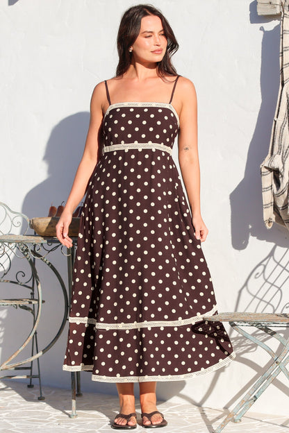 Novalie Midi Dress - Spaghetti Strap Sun Dress with Lace Splicing and Pockets in Polka Chocolate