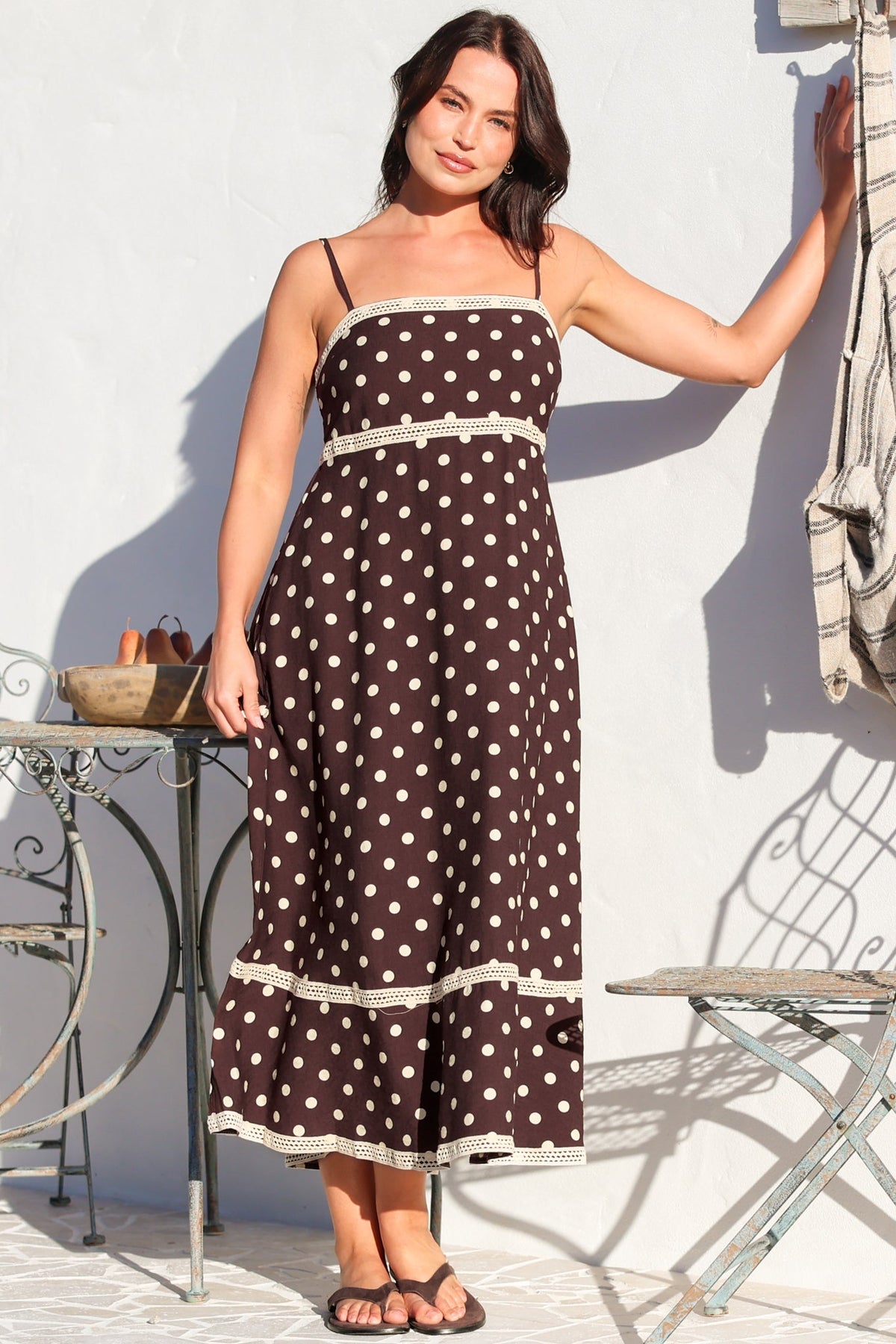Novalie Midi Dress - Spaghetti Strap Sun Dress with Lace Splicing and Pockets in Polka Chocolate