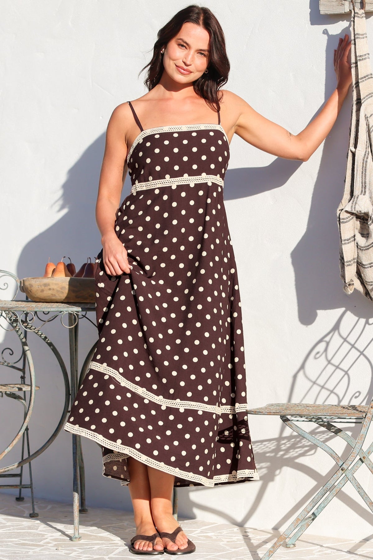 Novalie Midi Dress - Spaghetti Strap Sun Dress with Lace Splicing and Pockets in Polka Chocolate