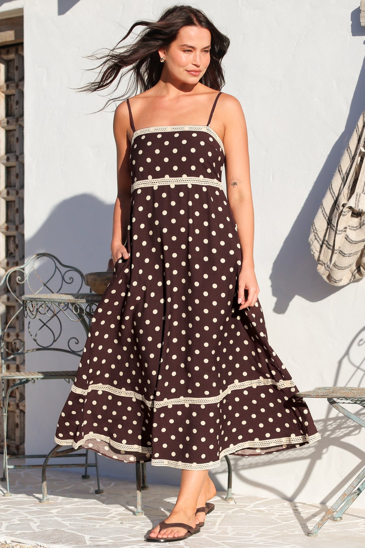 Novalie Midi Dress - Spaghetti Strap Sun Dress with Lace Splicing and Pockets in Polka Chocolate