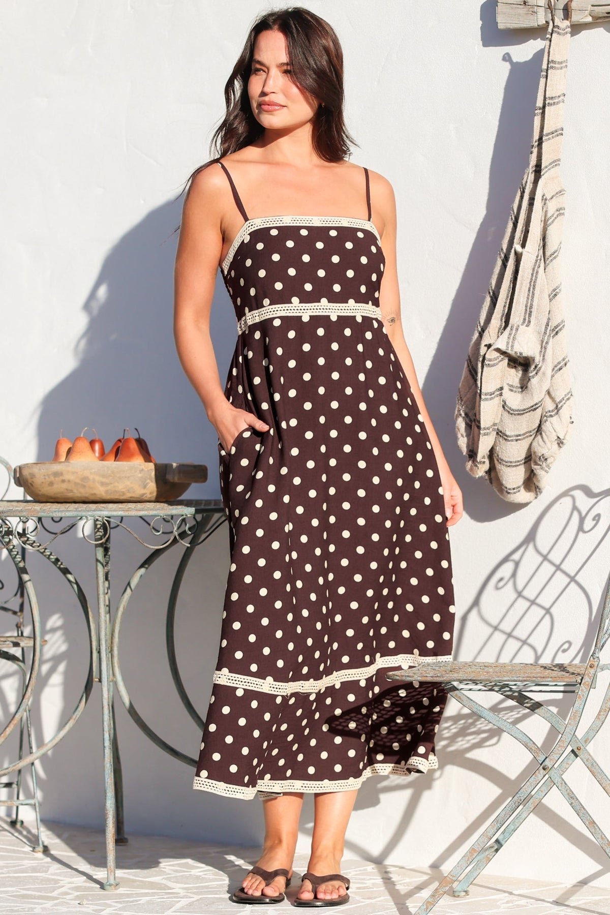 Novalie Midi Dress - Spaghetti Strap Sun Dress with Lace Splicing and Pockets in Polka Chocolate