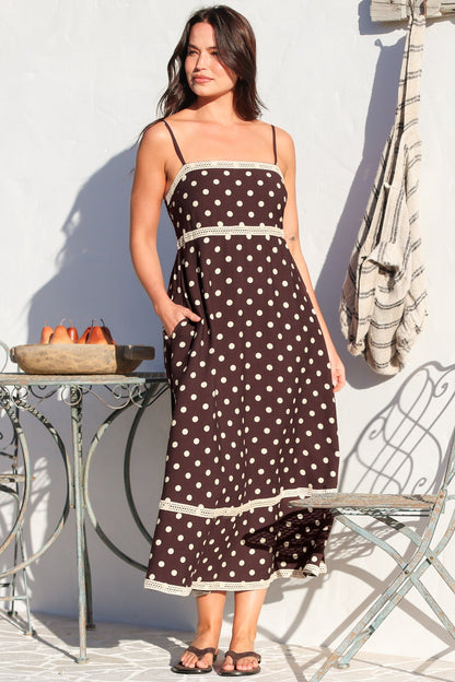 Novalie Midi Dress - Spaghetti Strap Sun Dress with Lace Splicing and Pockets in Polka Chocolate