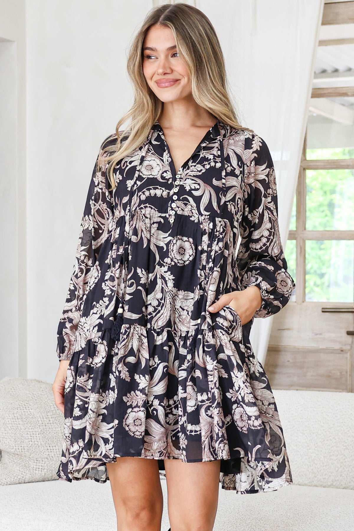 Olivia Mini Dress - Mandarin Collar Tiered Smock Dress with Long Sleeves in Pim Print Black