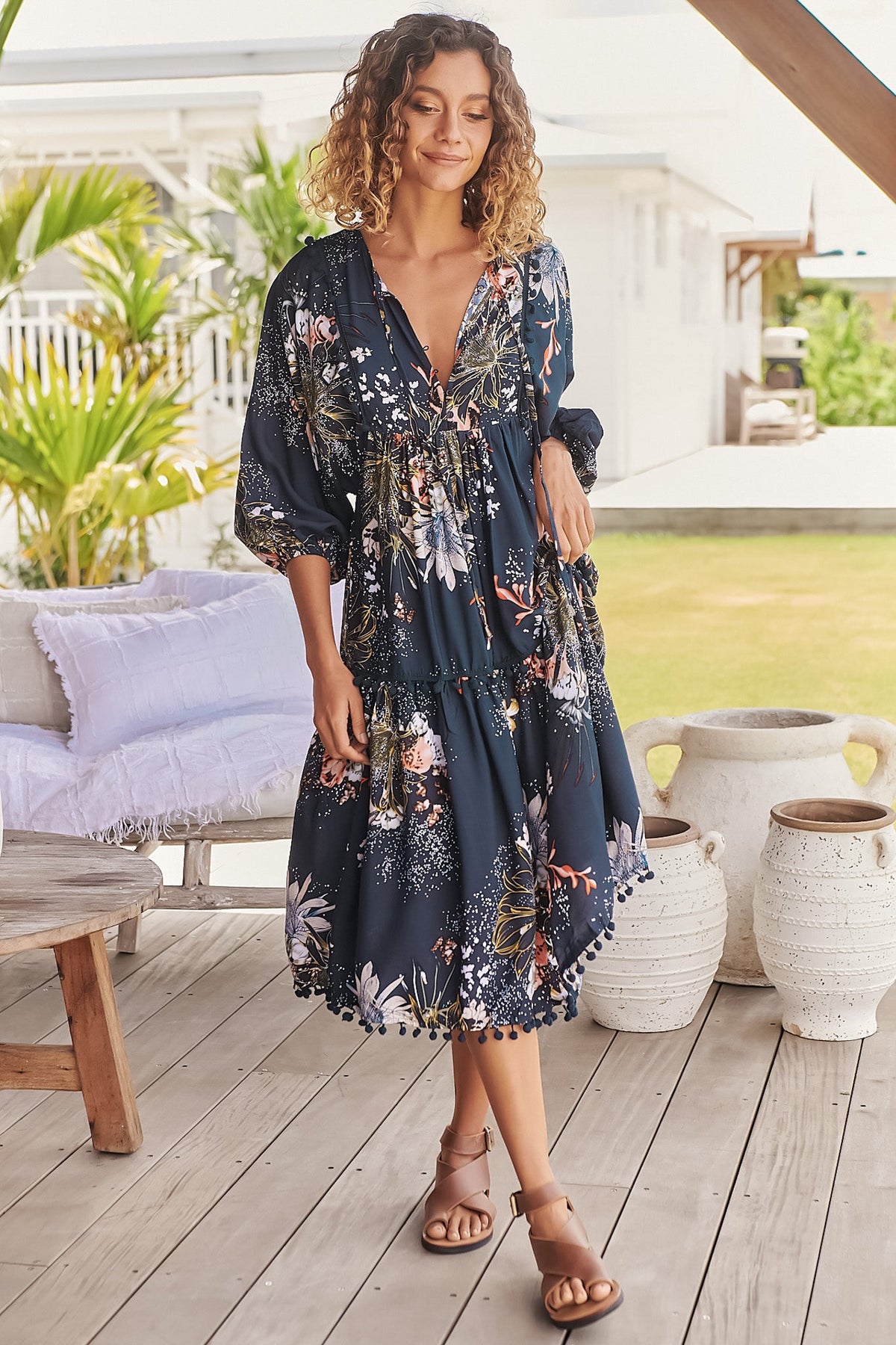JAASE - Palace Midi Dress: Pom Pom Spliced Batwing Sleeve Dress with Neck Tie in Indigo Print