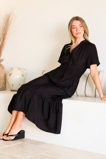 Paloma Midi Dress - Mandarin Split Collar A Line Button Down with Cap Sleeves in Black