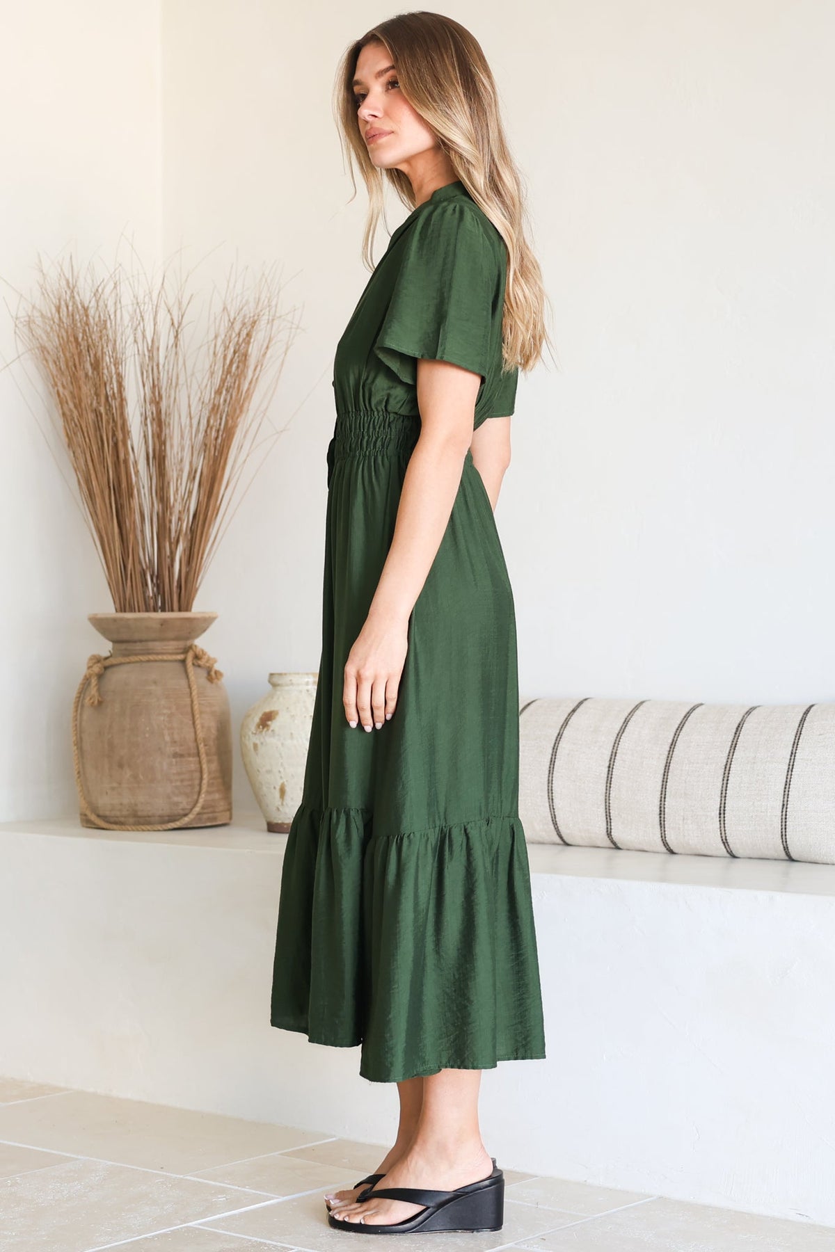 Paloma Midi Dress - Mandarin Split Collar A Line Button Down with Cap Sleeves in Emerald