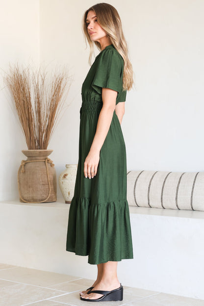 Paloma Midi Dress - Mandarin Split Collar A Line Button Down with Cap Sleeves in Emerald