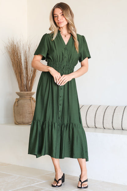 Paloma Midi Dress - Mandarin Split Collar A Line Button Down with Cap Sleeves in Emerald