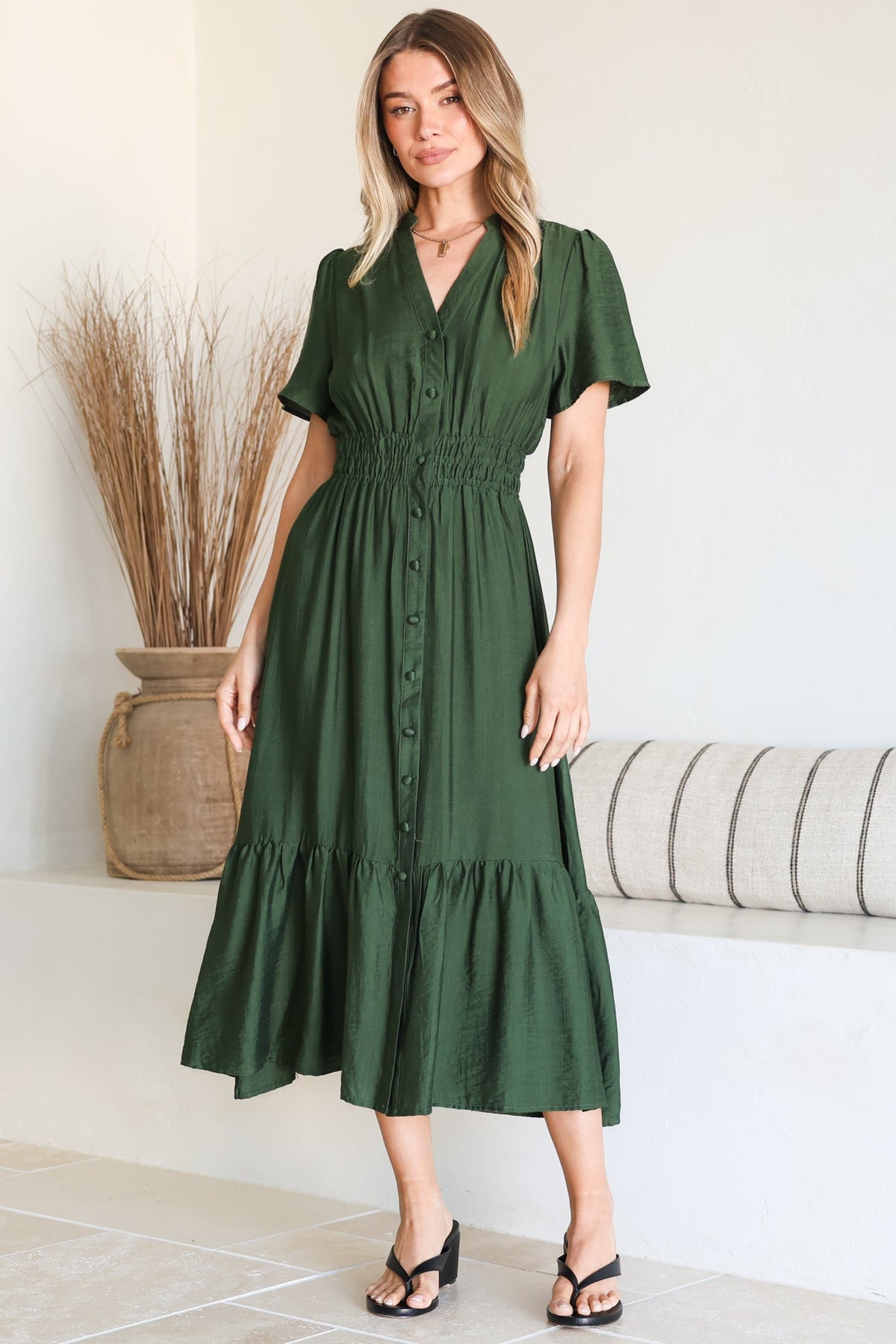 Paloma Midi Dress - Mandarin Split Collar A Line Button Down with Cap Sleeves in Emerald