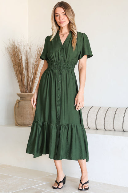 Paloma Midi Dress - Mandarin Split Collar A Line Button Down with Cap Sleeves in Emerald