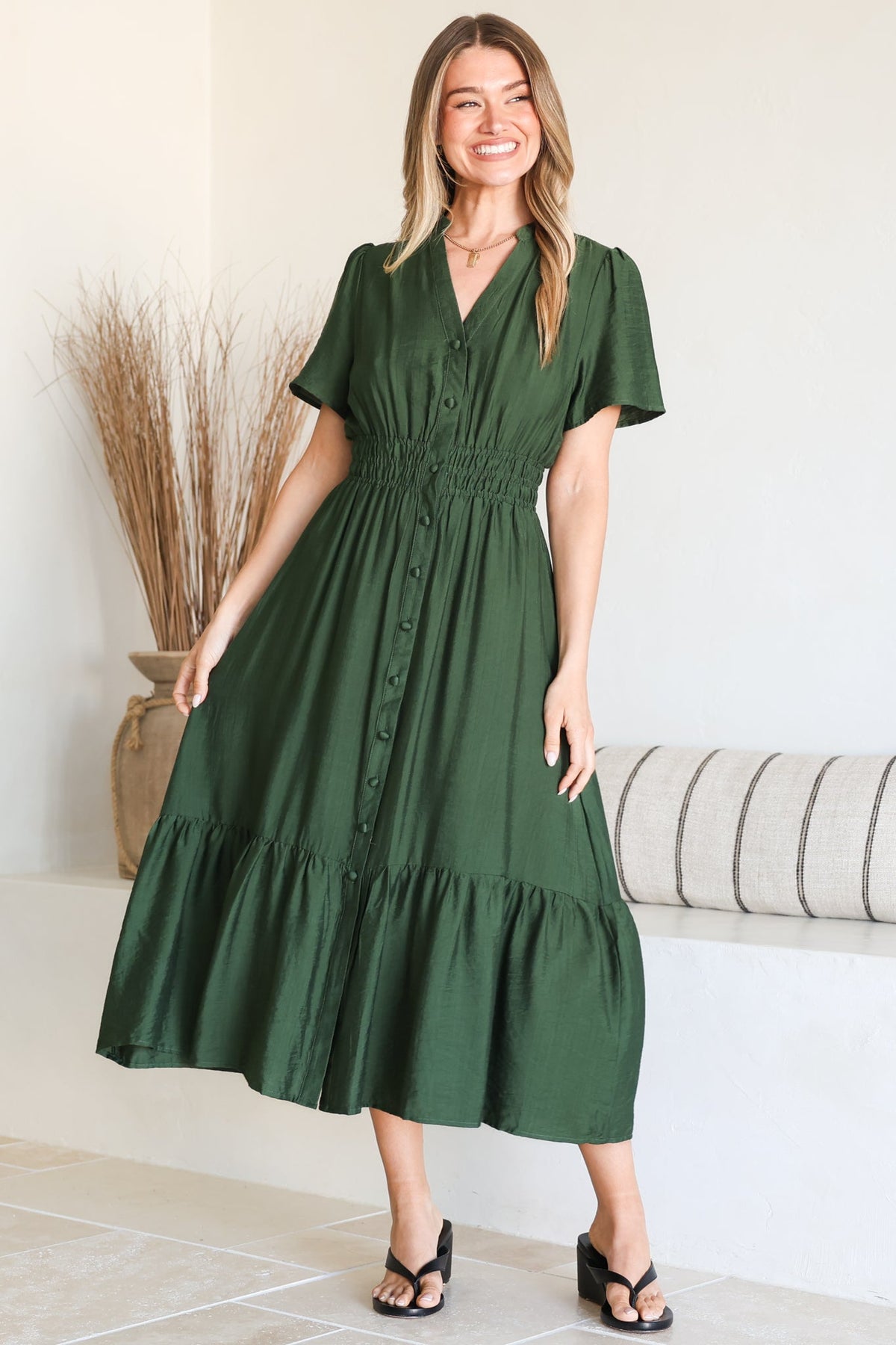 Paloma Midi Dress - Mandarin Split Collar A Line Button Down with Cap Sleeves in Emerald
