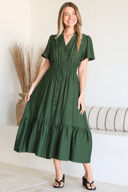 Paloma Midi Dress - Mandarin Split Collar A Line Button Down with Cap Sleeves in Emerald
