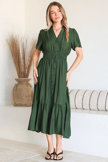 Paloma Midi Dress - Mandarin Split Collar A Line Button Down with Cap Sleeves in Emerald