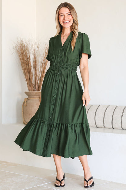 Paloma Midi Dress - Mandarin Split Collar A Line Button Down with Cap Sleeves in Emerald