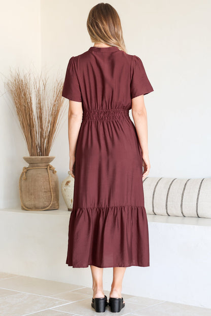 Paloma Midi Dress - Mandarin Split Collar A Line Button Down with Cap Sleeves in Wine