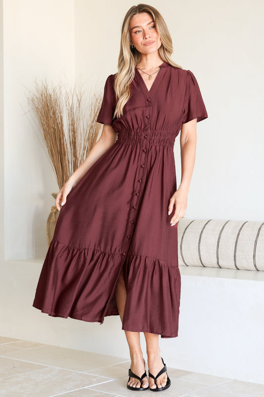 Paloma Midi Dress - Mandarin Split Collar A Line Button Down with Cap Sleeves in Wine