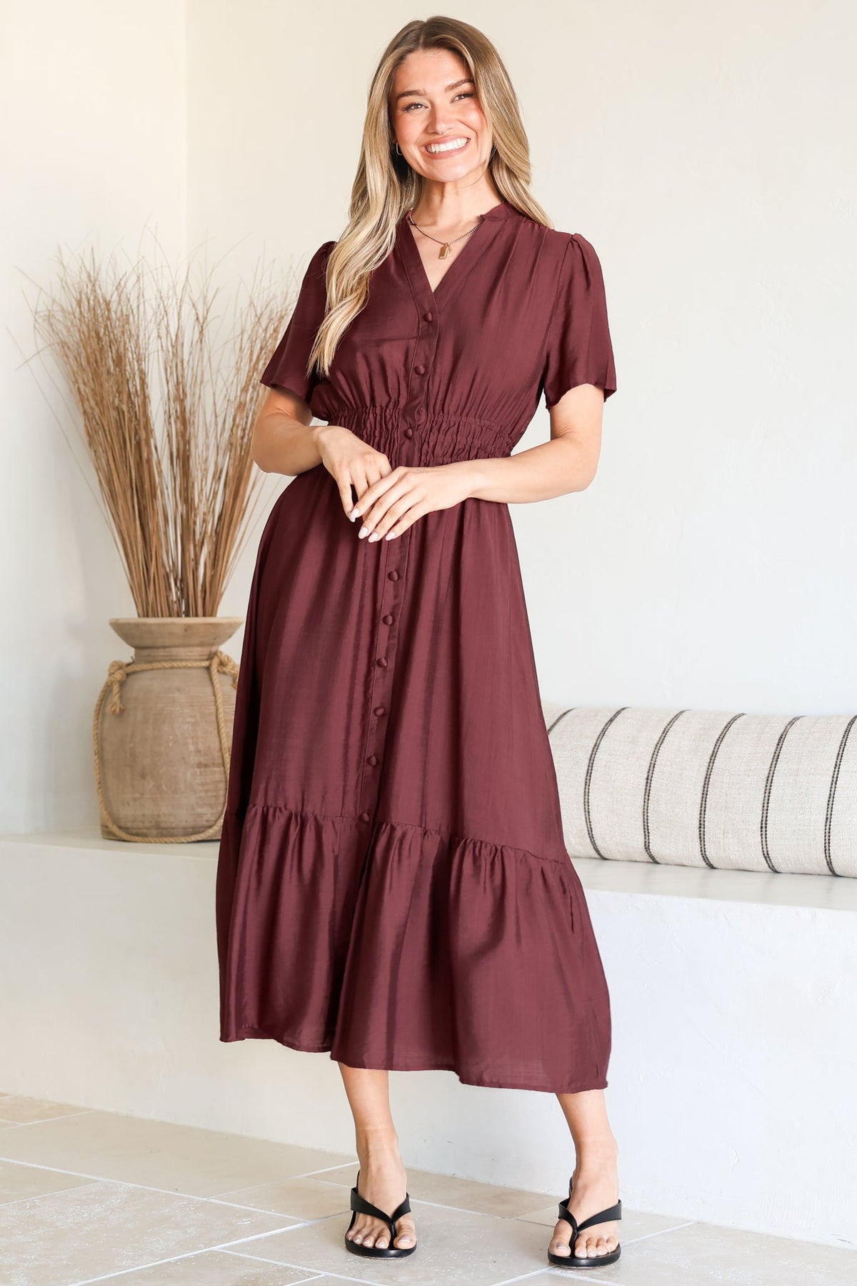 Paloma Midi Dress - Mandarin Split Collar A Line Button Down with Cap Sleeves in Wine