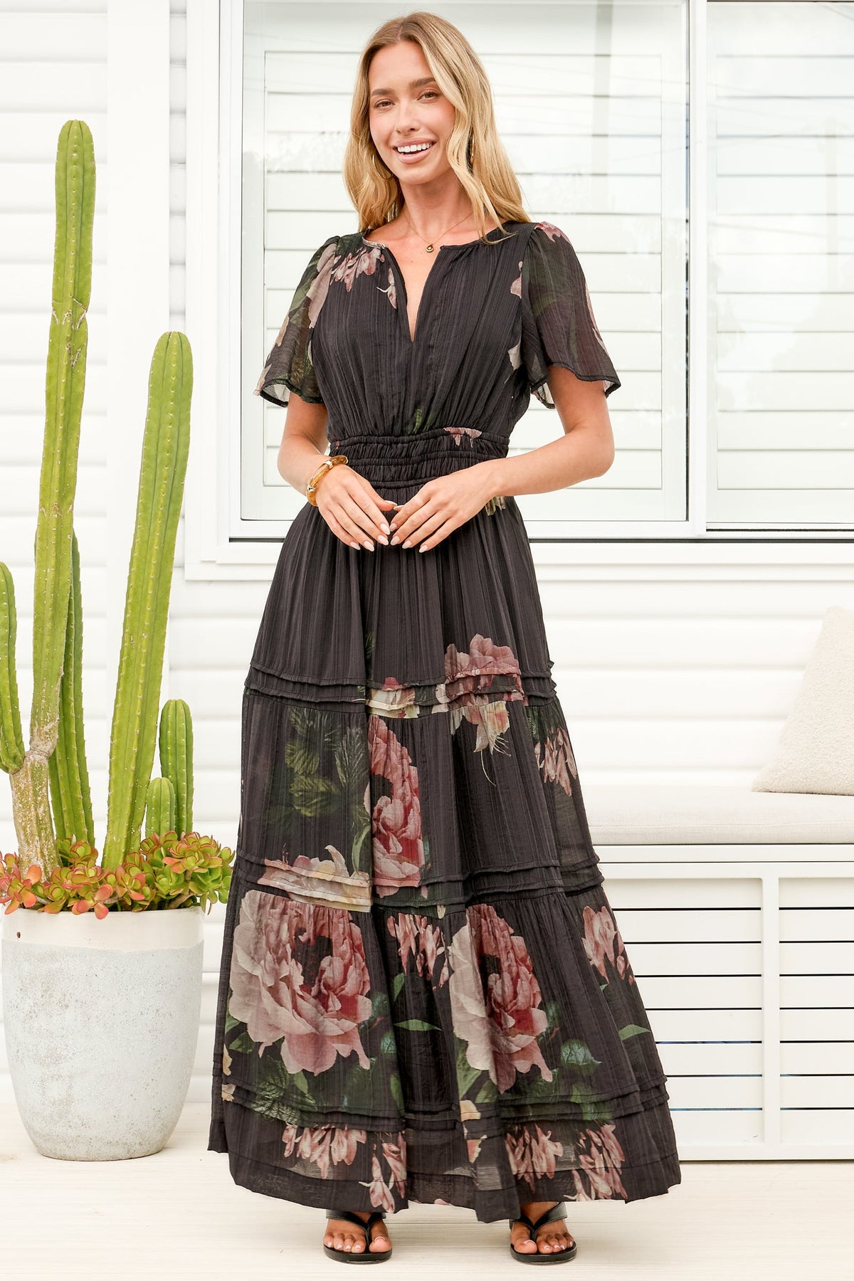 Payton Maxi Dress - Pleat Detailed A-Line Dress with Cap Flutter Sleeves in Mika Print