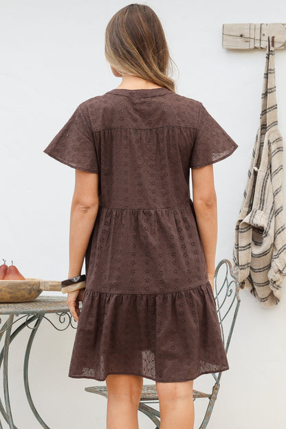 Prisha Mini Dress - Mandarin Split Collar Cotton Lace Button Down with Cap Sleeves in Chocolate