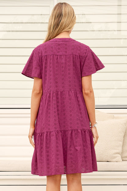 Prisha Mini Dress - Mandarin Split Collar Cotton Lace Button Down with Cap Sleeves in Wine