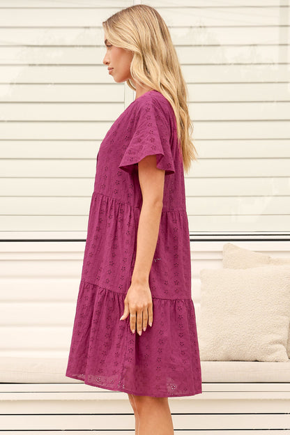 Prisha Mini Dress - Mandarin Split Collar Cotton Lace Button Down with Cap Sleeves in Wine