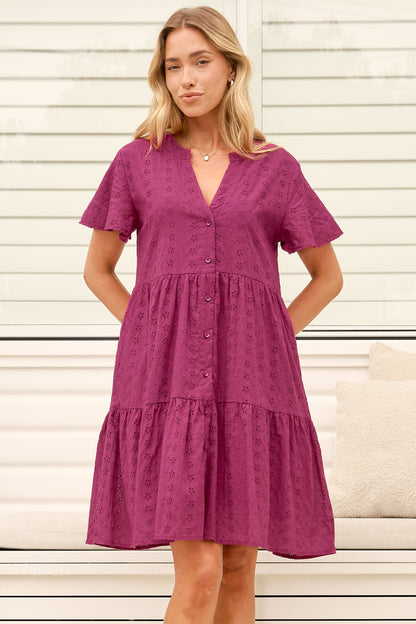 Prisha Mini Dress - Mandarin Split Collar Cotton Lace Button Down with Cap Sleeves in Wine