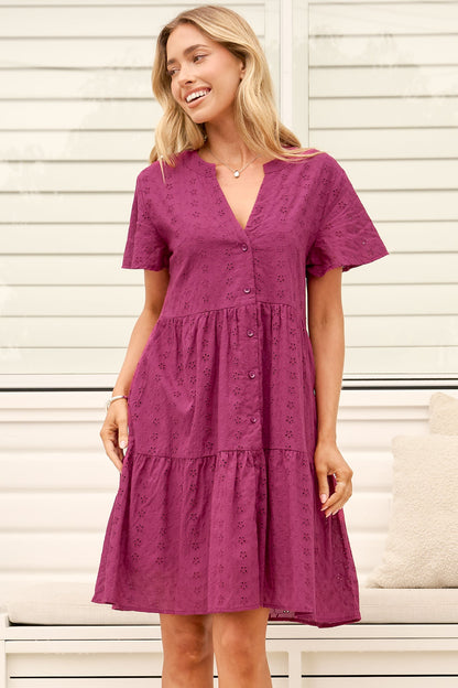 Prisha Mini Dress - Mandarin Split Collar Cotton Lace Button Down with Cap Sleeves in Wine