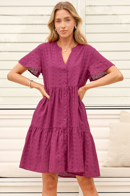 Prisha Mini Dress - Mandarin Split Collar Cotton Lace Button Down with Cap Sleeves in Wine