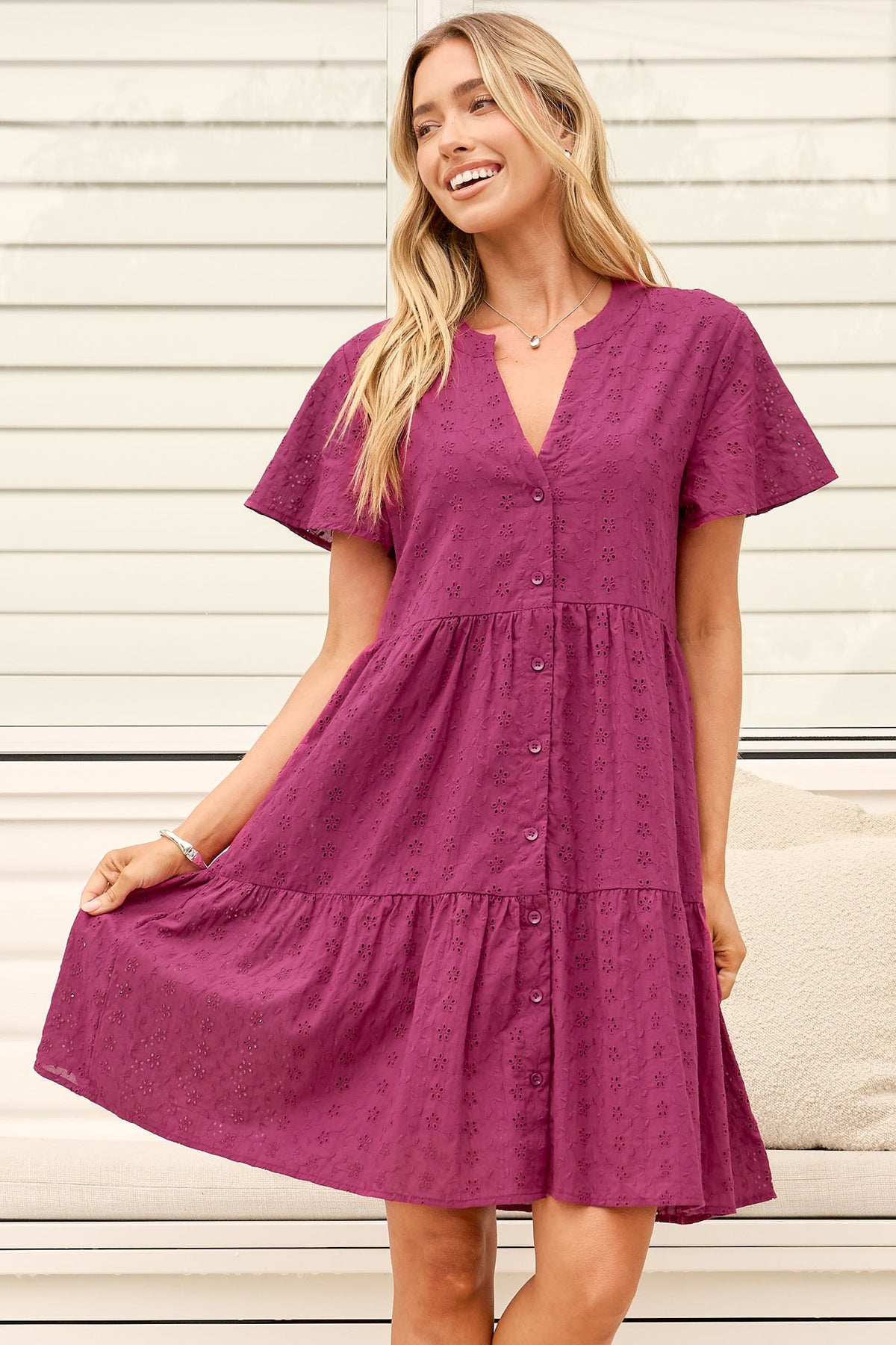 Prisha Mini Dress - Mandarin Split Collar Cotton Lace Button Down with Cap Sleeves in Wine