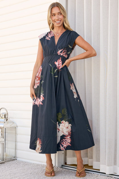 Samira Midi Dress - Cap Sleeve A Line Dress with Pockets in Mika Print Navy
