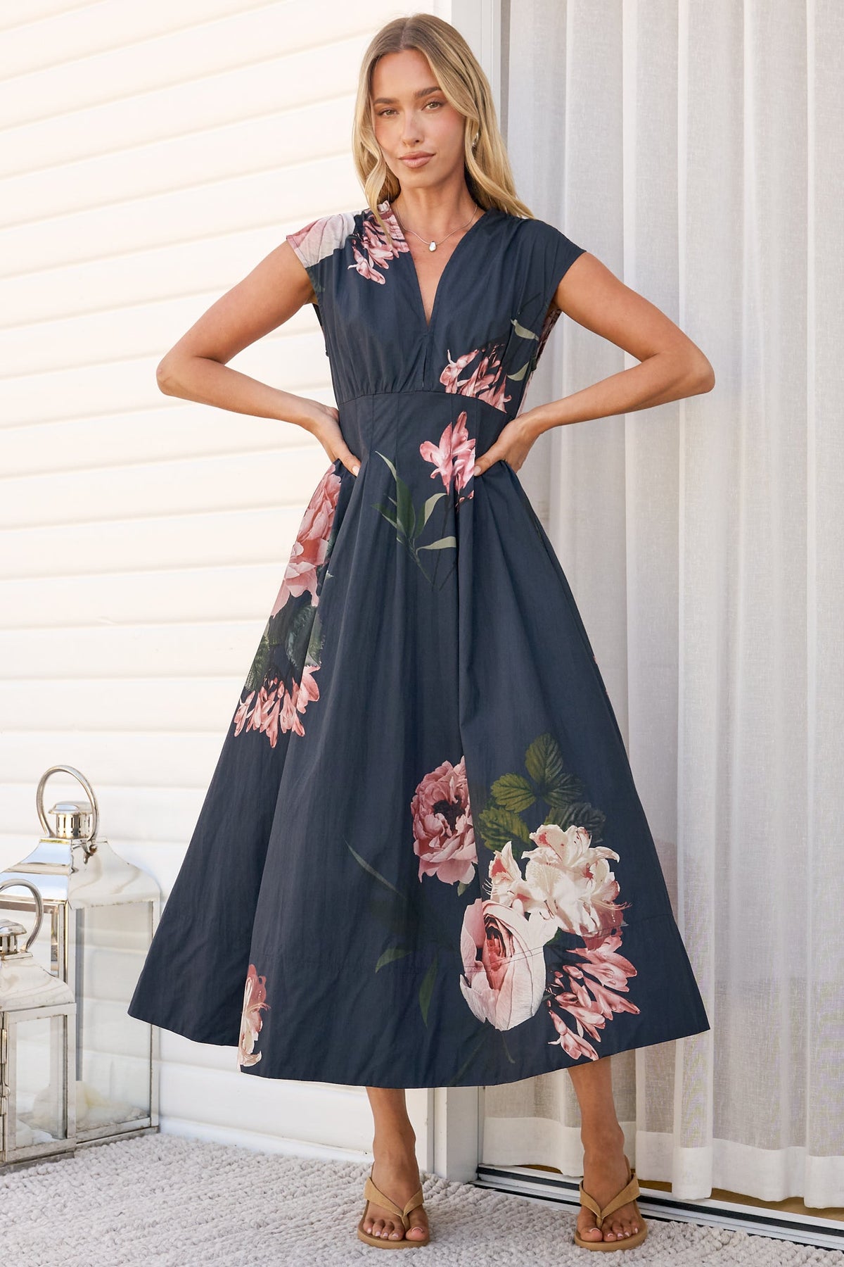 Samira Midi Dress - Cap Sleeve A Line Dress with Pockets in Mika Print Navy